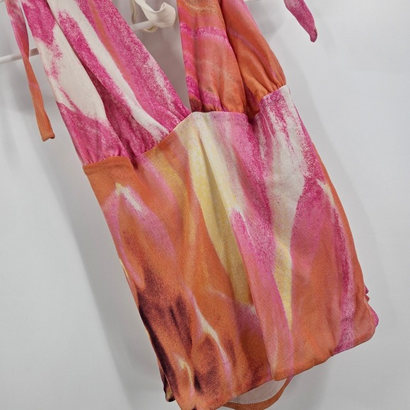 Vintage y2k Vivienne Tam Halter Top Pink Orange Abstract Mesh Festival Size 2 - Picture 2 of 6
